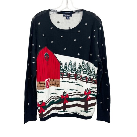 Lands End Black Snowflake Scenic Winter Printed Crewneck Sweater Novelty Size XL - Picture 1 of 5